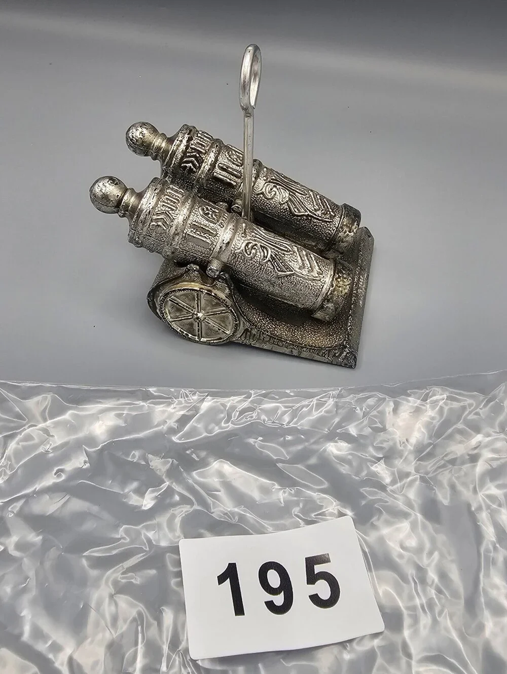 Vintage Metal Cannon Salt and Pepper Shakers with Holder